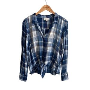 Cloth & Stone Blue Plaid Long Sleeve Collared Tie Front Button Down Top Size S
